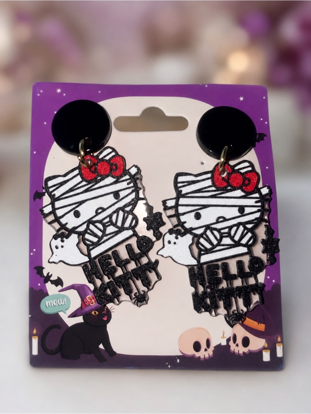 Hello Kitty Mummy Halloween Earrings Black & White with Red Bow